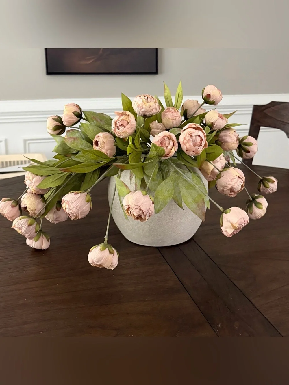 (8) viral Ashland tan peony stems (32 buds total)  from Michael’s w/pottery vase